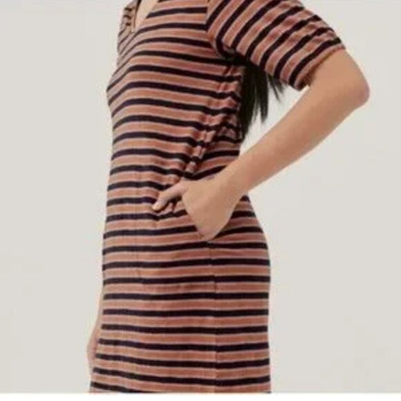 Pact Women's Size XL Harvest Striped Avery Blue Orange Cotton T-Shirt Dress - Picture 2 of 13